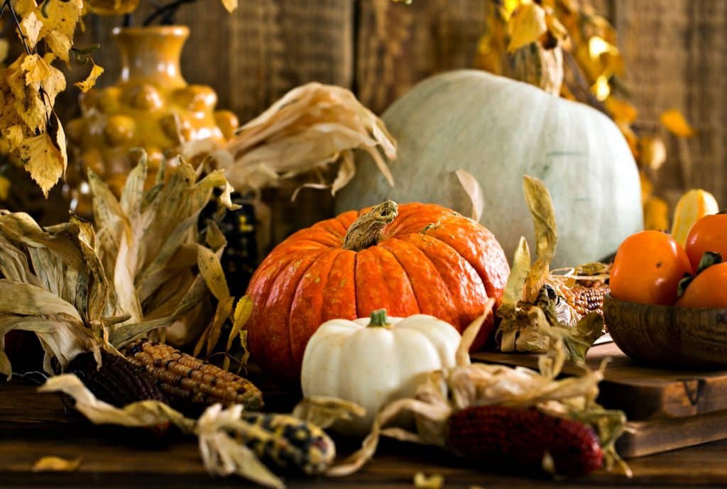 Autumn decor with pumpkins, corn, and persimmons on a rustic table
