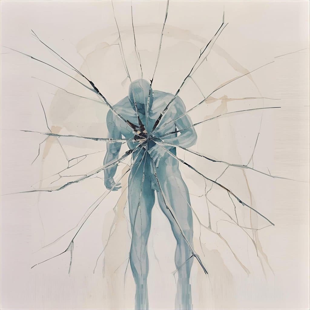 Man with cracked glass in front and silouette behind
