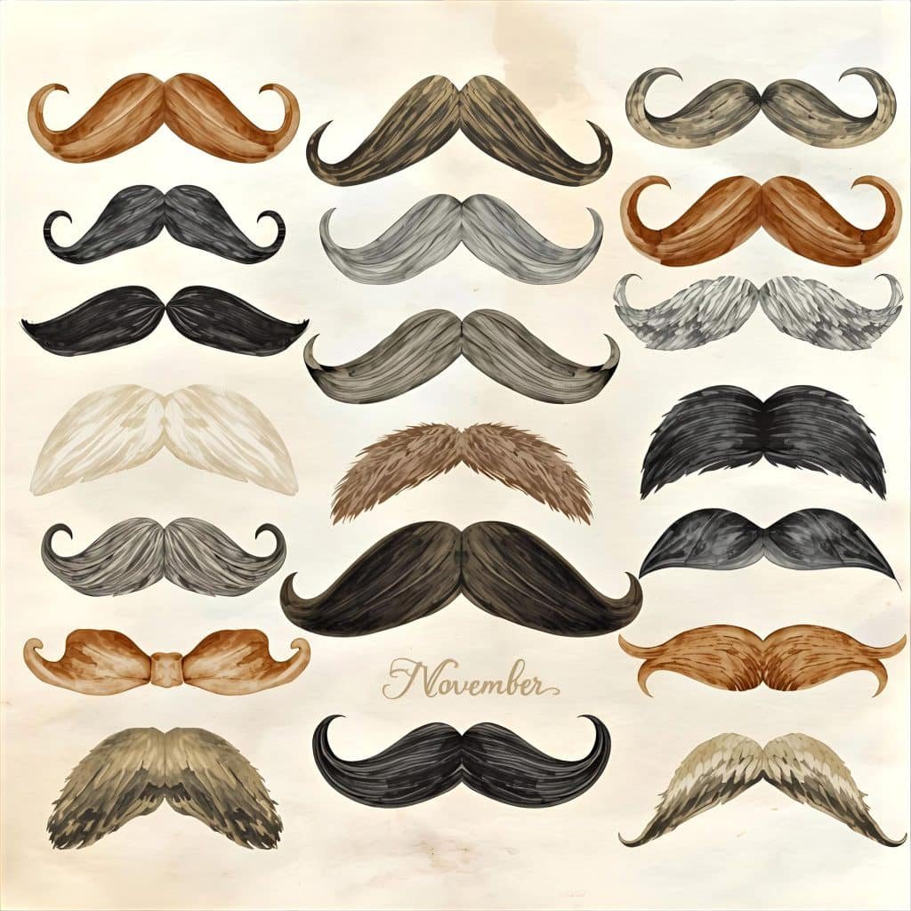 Graphic drawing of different mustaches for Movember